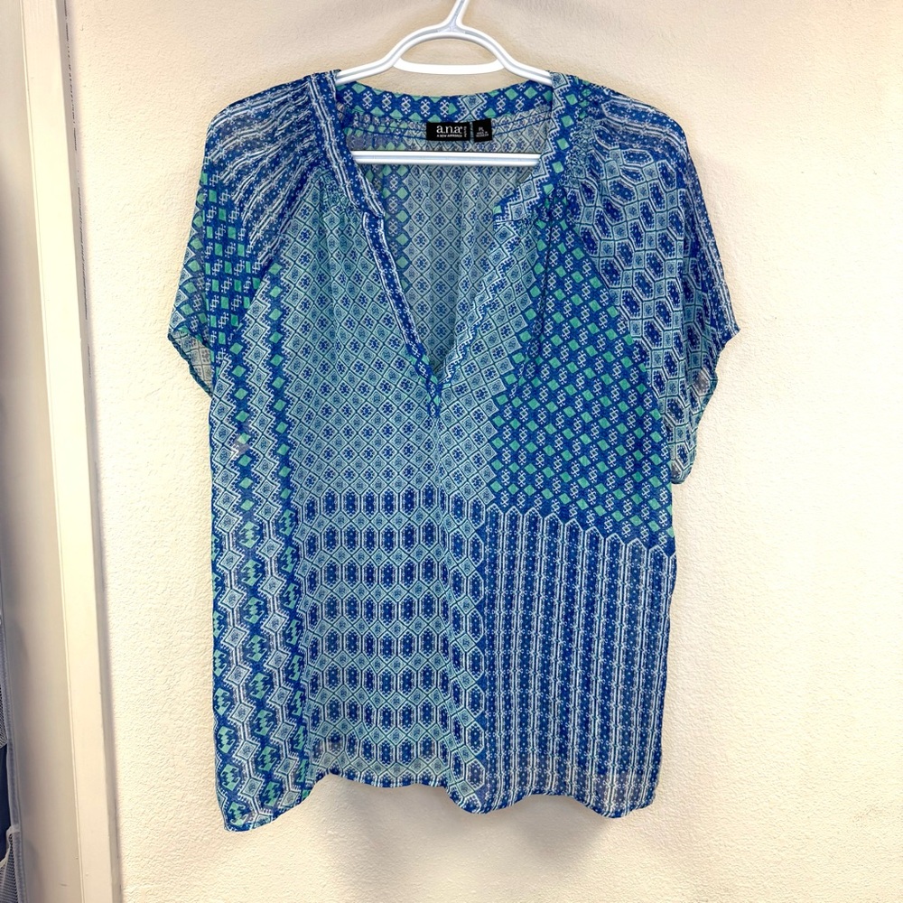 a.n.a. sheer blouse, blue & green geometric patterns, Petite Large